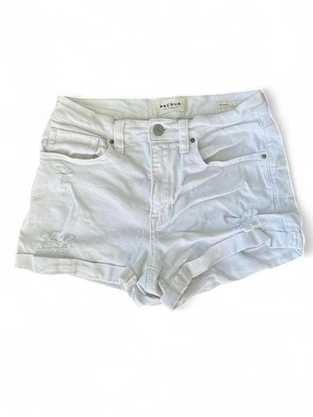 Y2K PacSun White Distressed Low‑Rise “The Shortie” Denim Shorts Size 26" Waist